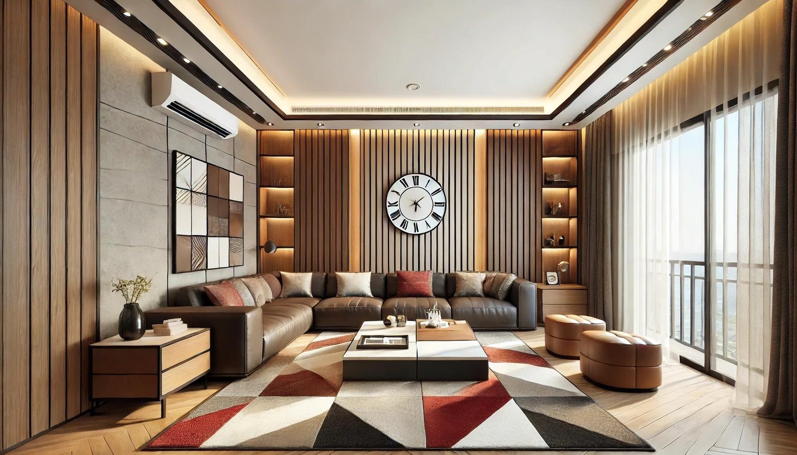 Living room with wood panelling, patterned rug and balcony light