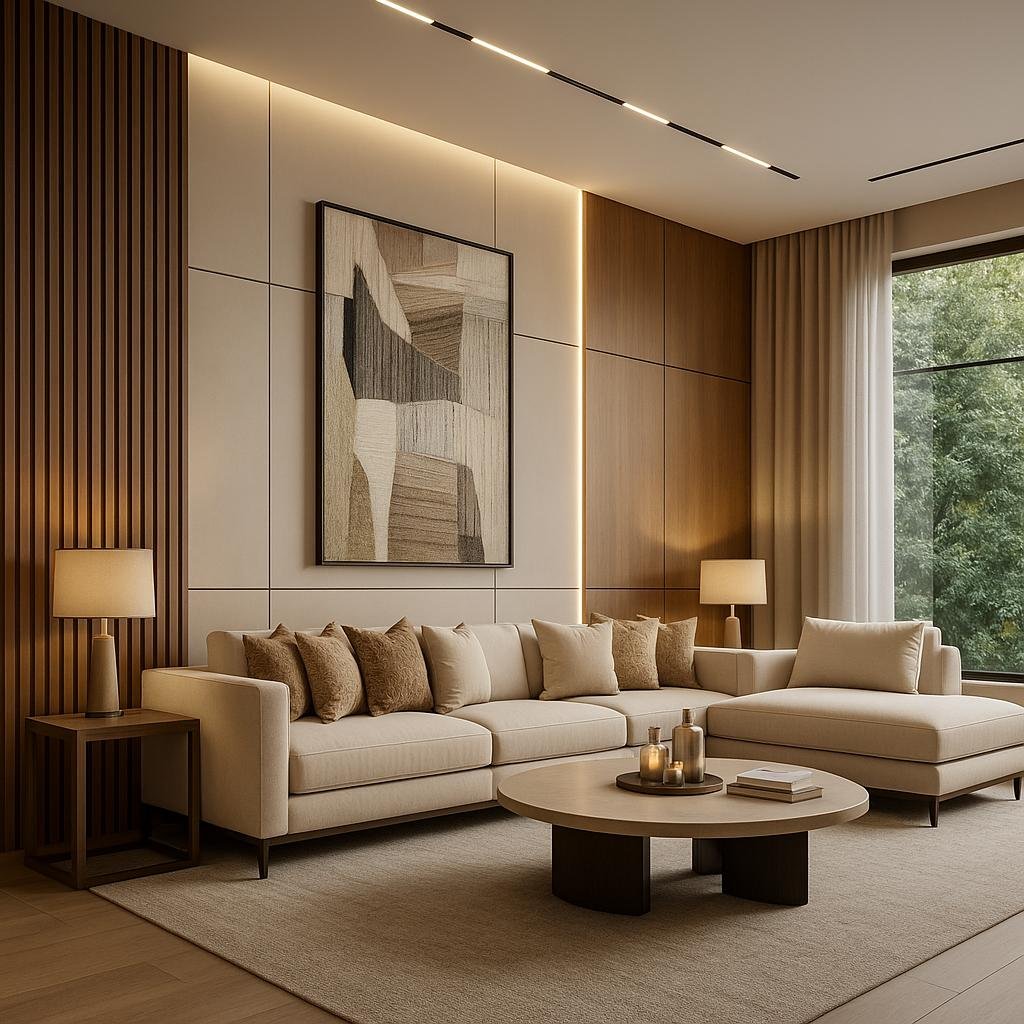Neutral living room with pale sofa, round coffee table and wood wall