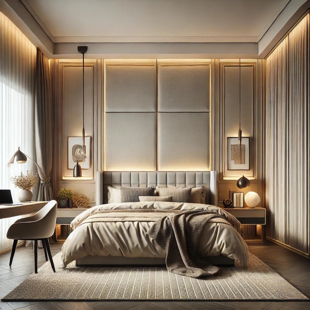 Bedroom with softly lit headboard wall and warm wood details