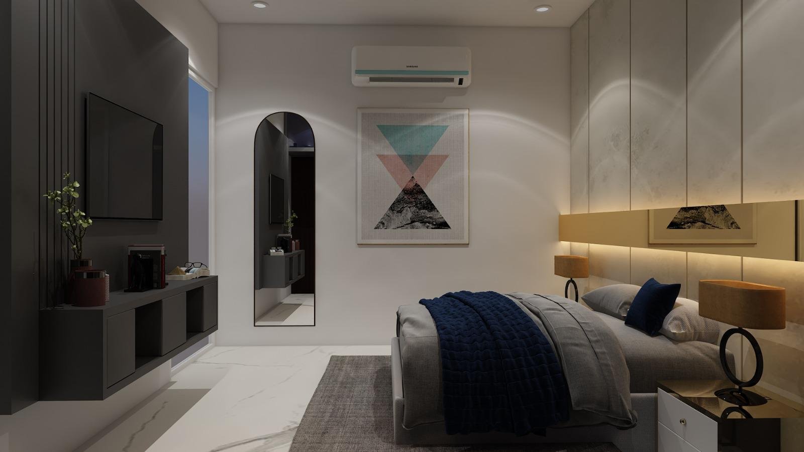 Bedroom with blue bedding, a television wall and soft ceiling lighting