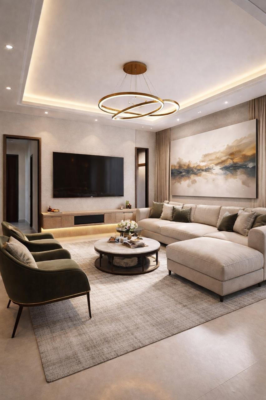 Living room with sectional sofa, chandelier and a television wall