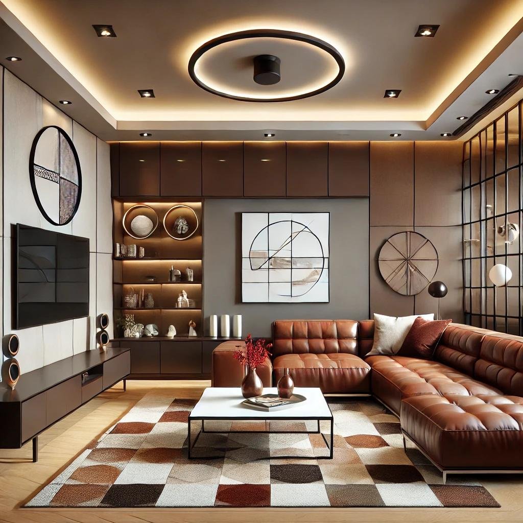 Contemporary living room with a curved sofa and circular ceiling detail